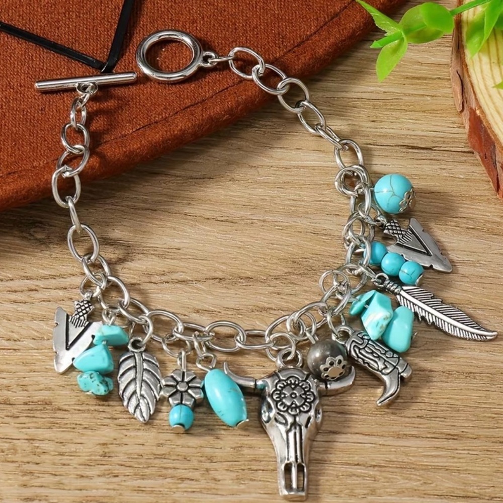 Western Bracelet Silver and Turquoise Charm Bracelet Cowboy Style Cowgirl - Picture 4 of 6
